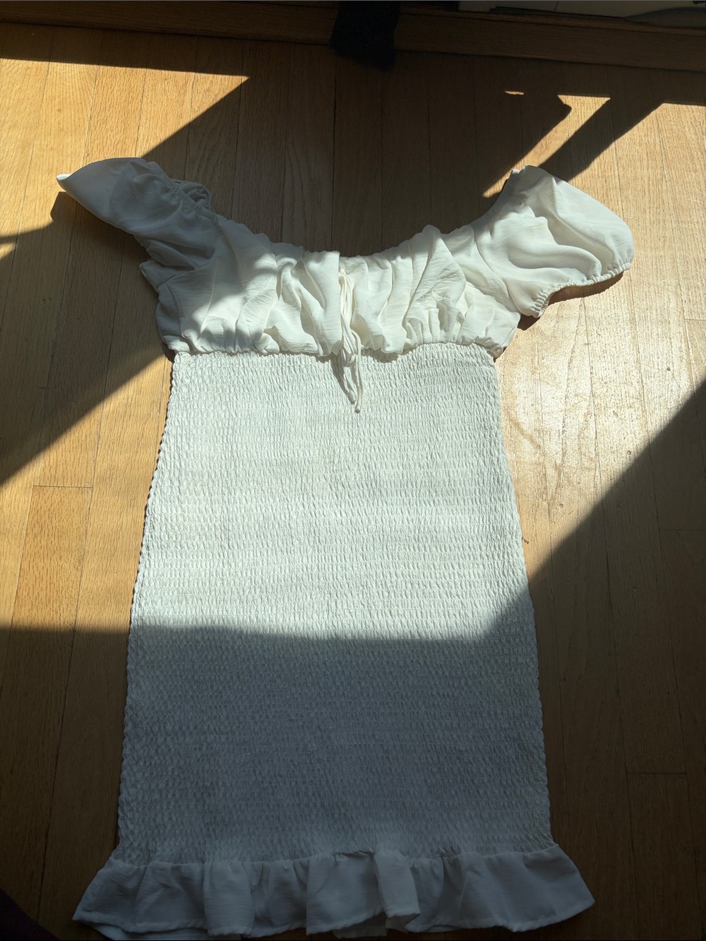 Love Tree White Off-Shoulder Ruffle Smocked Tunic